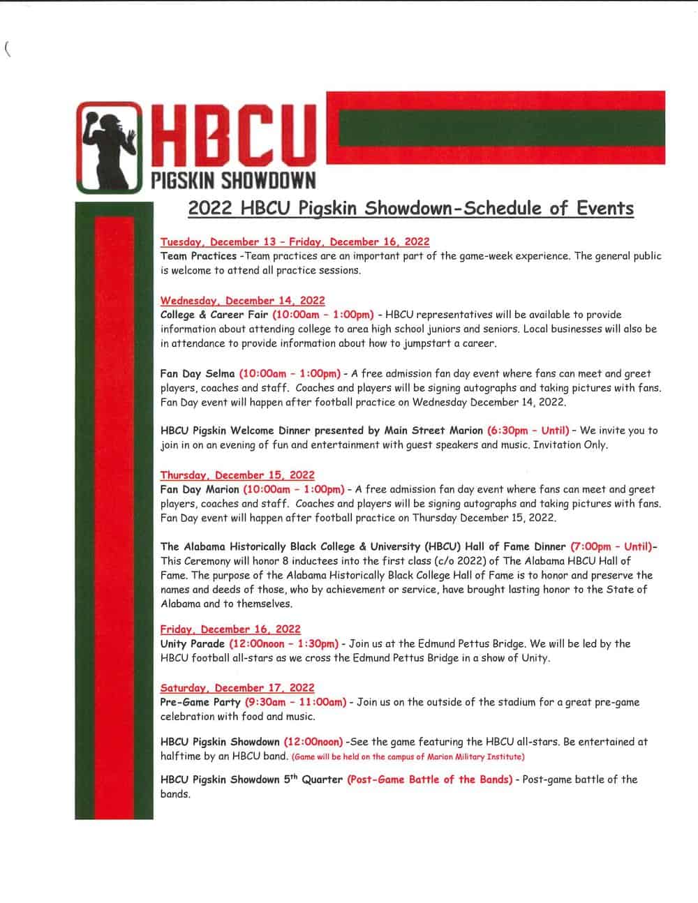 HBCU Pigskin Showdown Updated Schedule of Events
